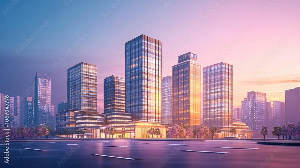 Fototapeta premium Contemporary urban office towers illuminated by the soft hues of dawn showcasing modern architecture and city life