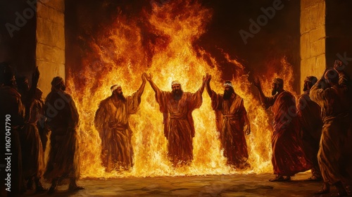 image of Shadrach, Meshach, and Abednego standing in the fiery furnace, unharmed by the flames, showing Godâ€™s protection and faithfulness, photo