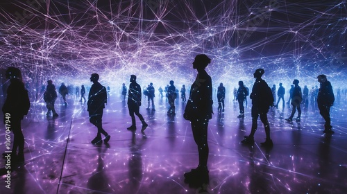 Abstract glowing threads connecting people silhouettes in warm light, pastel space. AI generated