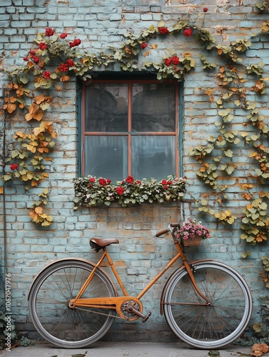 A vintage bicycle near an old wall wrapped in greenery: a perfect attribute of the urban landscape for articles about rethinking the ordinary and finding beauty in simple things