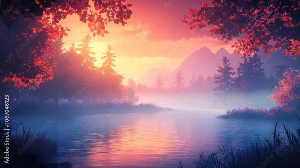 Obraz premium Misty river landscape at dawn with soft fog enveloping the water perfect for tranquil scenery enthusiasts