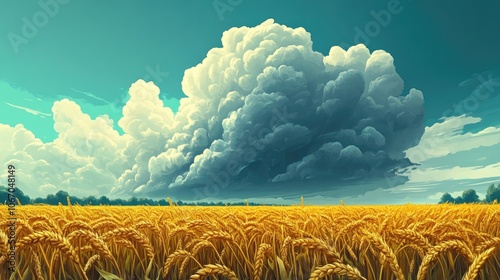 Dark storm cloud looming over golden wheat field capturing the contrast between nature s power and agricultural beauty photo