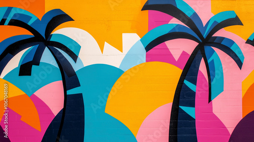 Vibrant and Colorful 80s Miami Beach Graffiti Style Background with Palms and Geometric Shapes.