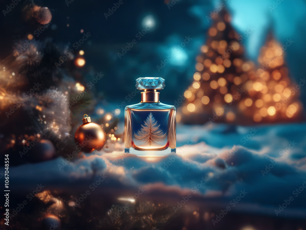 A glass bottle of perfume sits on a snowy surface with Christmas trees and twinkling lights in the background. A glass bottle of perfume sits on a snowy surface with Christmas trees and twinkling lights in the background.