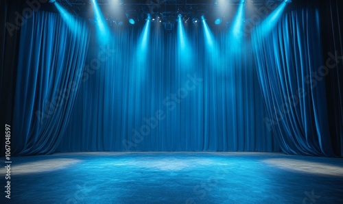 Empty theater stage with blue velvet curtains and spotlight by award ceremony background