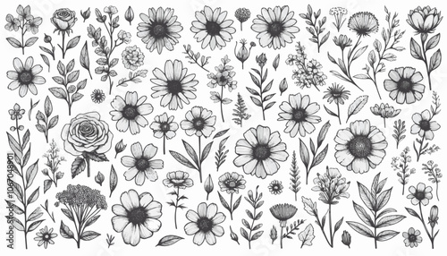 Set of different flowers, brunch and frames from flat editable stroke. Luxury line floral collection for wedding invitation art, design template. Botanical vector