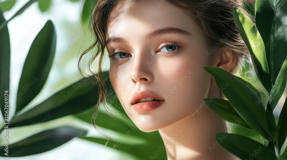A young woman with striking blue eyes poses gracefully amidst bright green tropical leaves in soft daylight A young woman with striking blue eyes poses gracefully amidst bright green tropical leaves in soft daylight