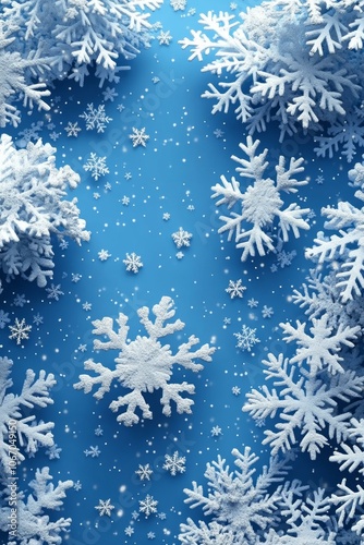 Delicate snowflakes on serene blue background evoke winter's chill.