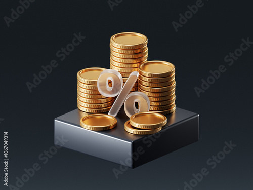 Interest rate increase money economy business investment on 3d background with growth income percentage finance profit concept. Revenue tax price cash coin percent budget inflation sale chart arrow.