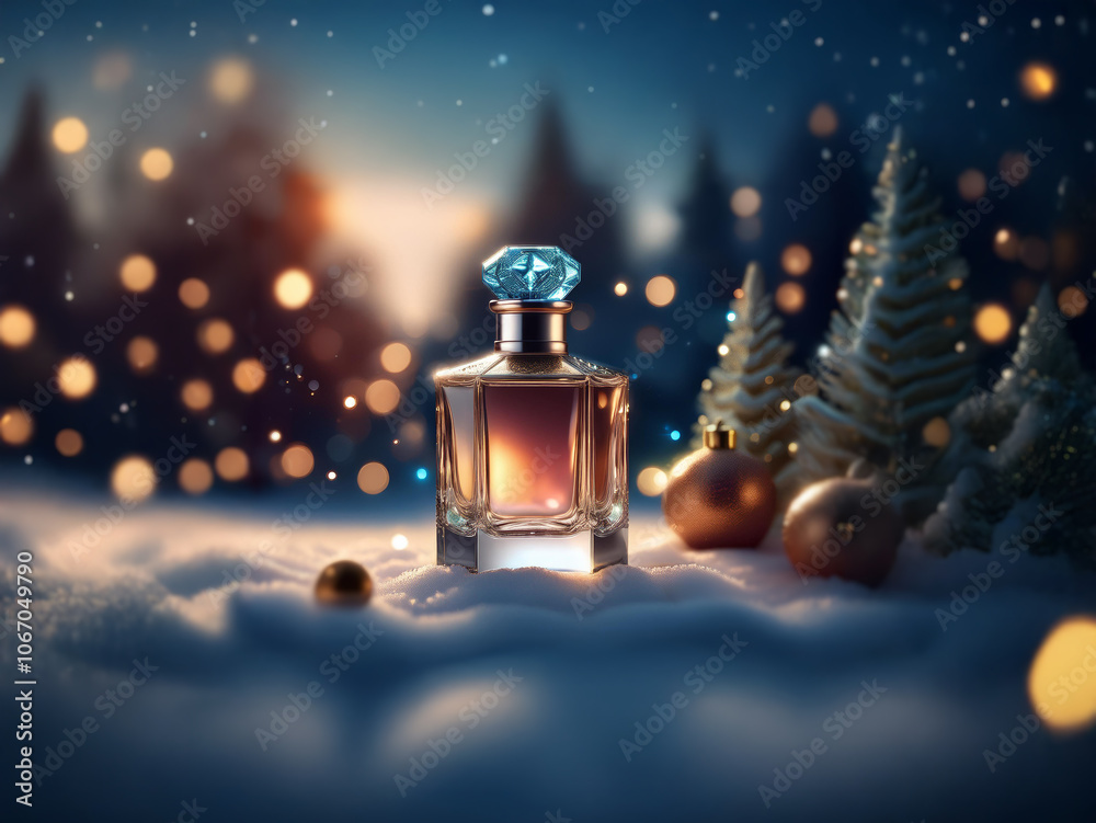 A glass bottle of perfume sits in the snow with a winter wonderland in the background. A glass bottle of perfume sits in the snow with a winter wonderland in the background.