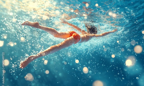 Wallpaper Mural Cartoon swimmer diving into a pool, with a splashy exaggerated jump and water droplets all around, 3D style Torontodigital.ca