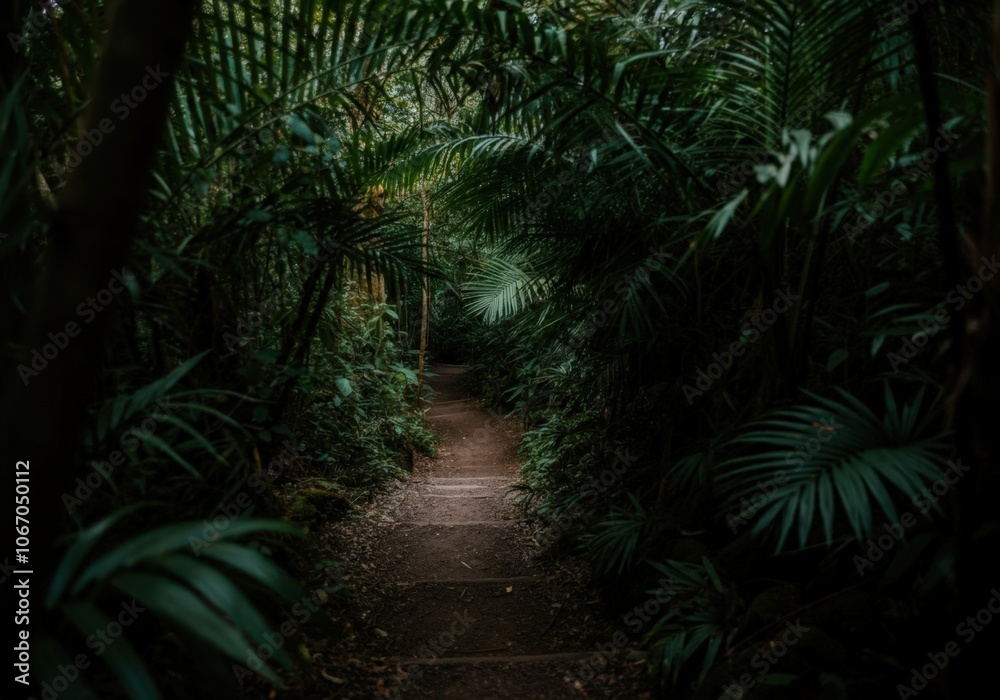 Fototapeta premium Dirt path with steps disappearing into the deep tropical rainforest, surrounded by lush green foliage