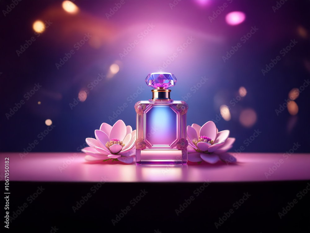 A glass bottle of perfume with a jeweled cap sits between two pink flowers on a pink table. The background is a blur of pink and purple lights. A glass bottle of perfume with a jeweled cap sits between two pink flowers on a pink table. The background is a blur of pink and purple lights.