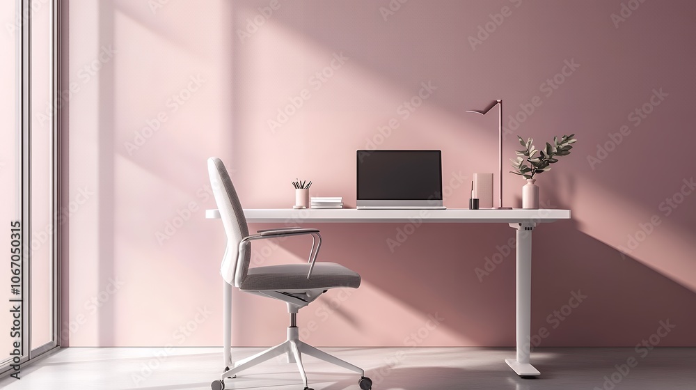 ピンクトーンの洗練されたホームオフィスデスク | Minimalist Home Office Desk in Soft Pink Tones ピンクトーンの洗練されたホームオフィスデスク | Minimalist Home Office Desk in Soft Pink Tones
