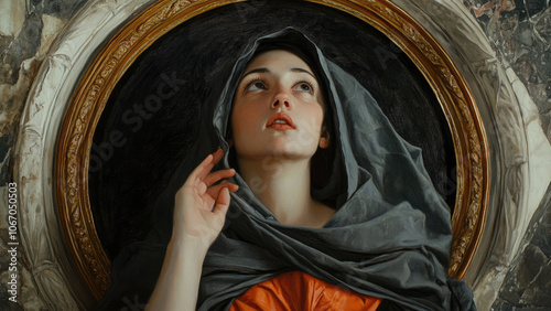 Praying Woman in Dark Cloak with Dramatic Orange Halo