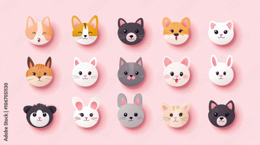 Collection of 20 animals with round faces, including cats, dogs, and rabbits, each depicted with cute and expressive features against a simple background. Collection of 20 animals with round faces, including cats, dogs, and rabbits, each depicted with cute and expressive features against a simple background.