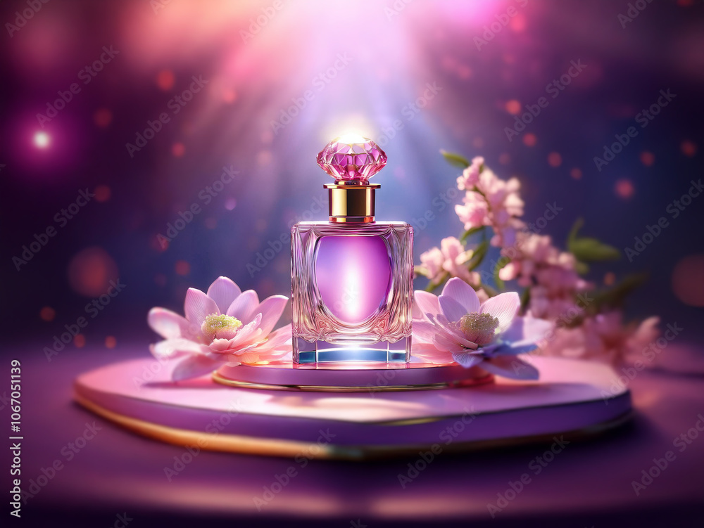 A single bottle of perfume sits atop a pedestal, surrounded by delicate pink flowers. The perfume bottle is adorned with a crystal top, and the background is illuminated with soft, pink and purple lig A single bottle of perfume sits atop a pedestal, surrounded by delicate pink flowers. The perfume bottle is adorned with a crystal top, and the background is illuminated with soft, pink and purple lig