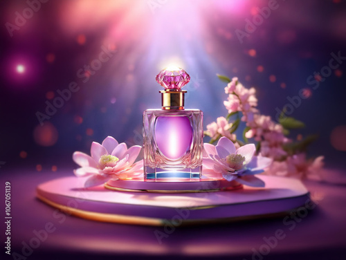 A single bottle of perfume sits atop a pedestal, surrounded by delicate pink flowers. The perfume bottle is adorned with a crystal top, and the background is illuminated with soft, pink and purple lig photo