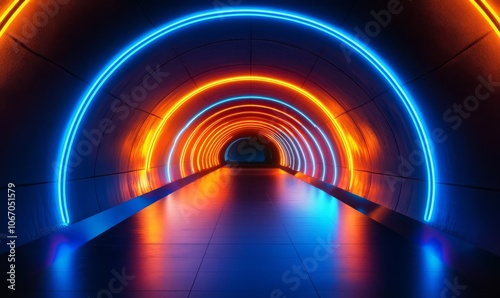 Futuristic neon tunnel with glowing blue and orange lights, dark background