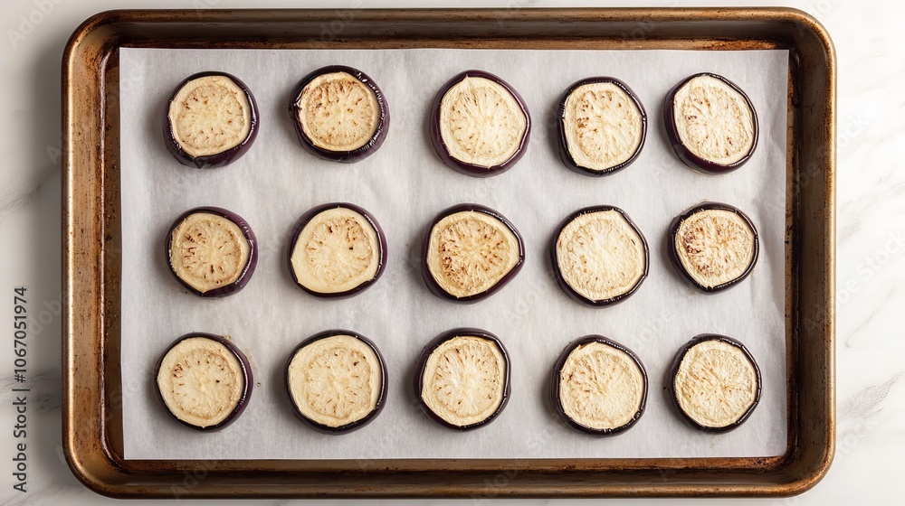 Golden, crispy-baked eggplant slices, perfectly roasted on a sheet pan lined with unbleached parchment for easy cleanup and a tender, flavorful bite. Golden, crispy-baked eggplant slices, perfectly roasted on a sheet pan lined with unbleached parchment for easy cleanup and a tender, flavorful bite.