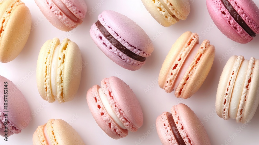 Macarons in soft, subtle colors laid out on a clean background, creating an elegant and refined backdrop, ideal for a sophisticated dessert-themed setting. Macarons in soft, subtle colors laid out on a clean background, creating an elegant and refined backdrop, ideal for a sophisticated dessert-themed setting.