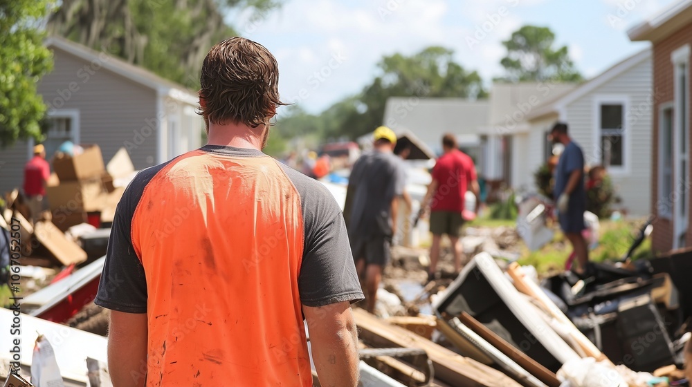 Volunteers clear debris in a disaster-struck area, symbolizing community support and resilience. Volunteers clear debris in a disaster-struck area, symbolizing community support and resilience.