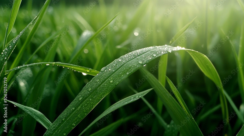 A close-up of dew-covered grass blades glistening in the sunlight, showcasing the beauty and freshness of nature in the morning. A close-up of dew-covered grass blades glistening in the sunlight, showcasing the beauty and freshness of nature in the morning.