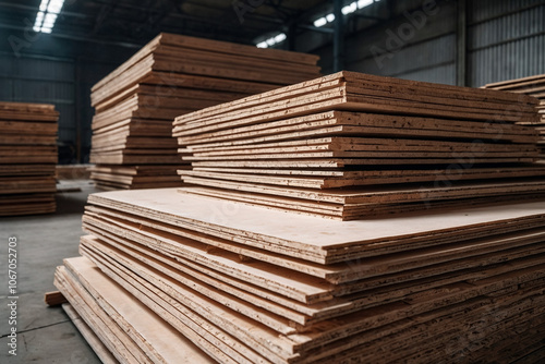 Close-up of stacks of plywood sheets in industrial setting, wood at manufacture factory. Stockwood treating in production woodwork plant. Woodwork plywood industry concept. Copy ad text space