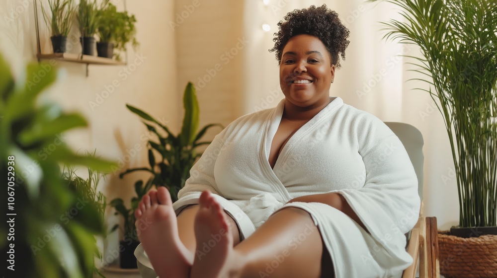 Plus Size Woman Relaxing in Spa Environment With Indoor Plants and Natural Light
