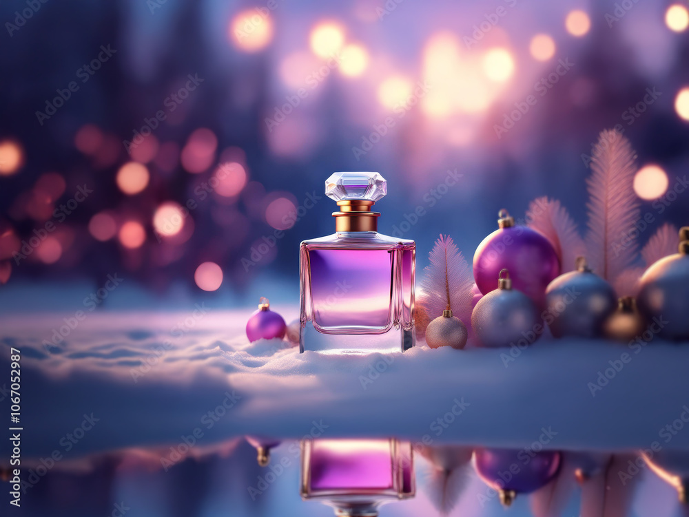 A glass bottle of perfume sits in the snow with Christmas ornaments, reflecting in the snow. A glass bottle of perfume sits in the snow with Christmas ornaments, reflecting in the snow.