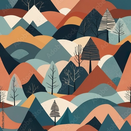 Colourful vibrant simple pattern, abstract mountains, hills, trees template. Fabric minimalist bright design. Art decorative modern painting, drawing background for wrapping. Flat colour wallpaper.