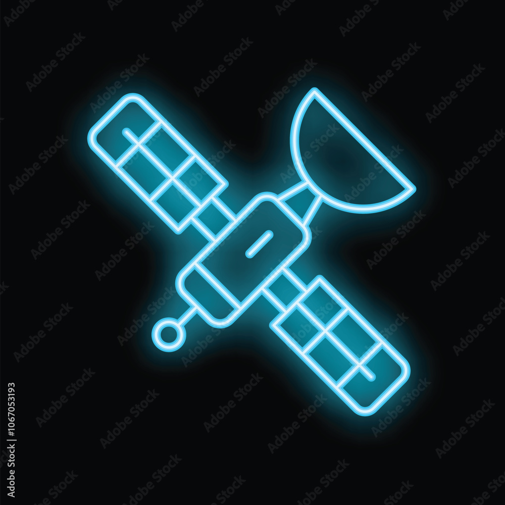 Blue neon satellite icon is glowing against a black background Blue neon satellite icon is glowing against a black background