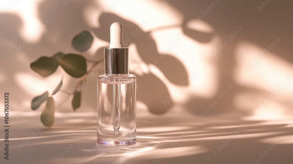 Transparent dropper bottle for cosmetics sitting on a clean surface, bathed in soft lighting, highlighting the clarity of the bottle. Transparent dropper bottle for cosmetics sitting on a clean surface, bathed in soft lighting, highlighting the clarity of the bottle.