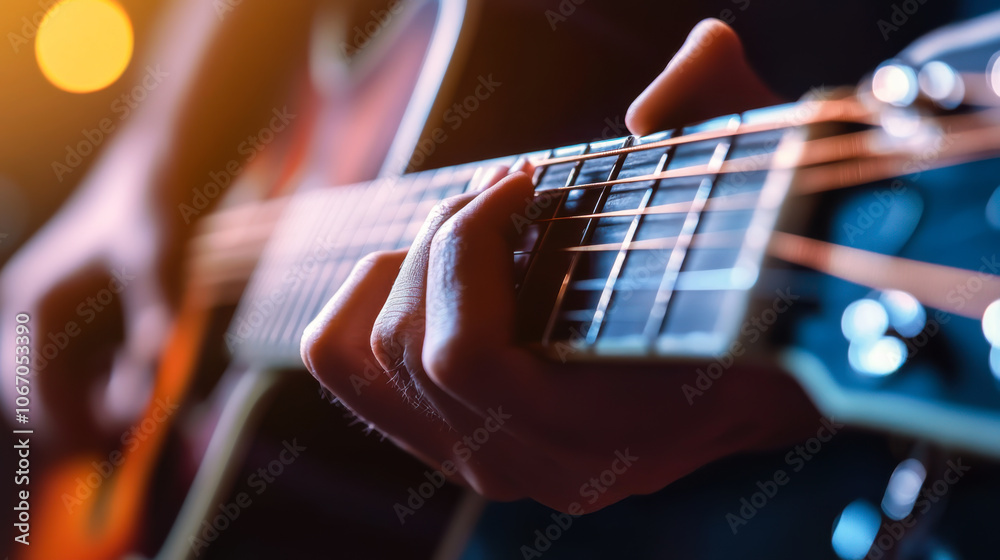 Fototapeta premium Close-up of a musician playing acoustic guitar during an evening performance with warm lighting and focused expression