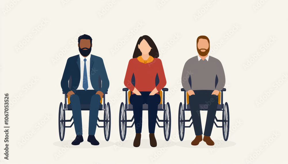 Obraz premium Three diverse individuals sitting in wheelchairs, representing inclusivity and empowerment in a minimalistic style.