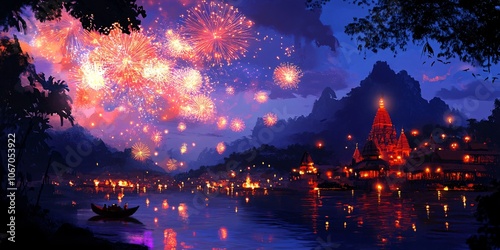 Festive Nighttime Scene with Fireworks Over a Temple and River