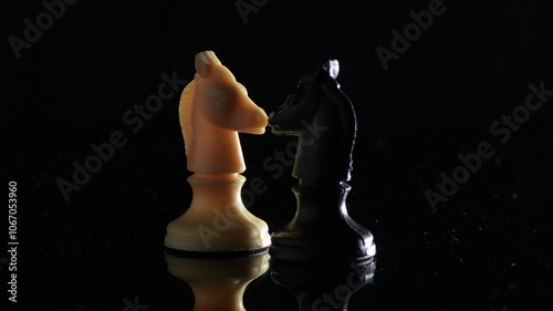 Chess figures of black horse and white horse face by face photo