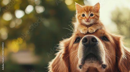 A golden retriever with a playful kitten sitting on its head outdoors.