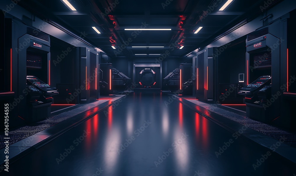 A futuristic corridor illuminated by red and white lights, featuring sleek walls and a glossy floor, evoking a high-tech environment. A futuristic corridor illuminated by red and white lights, featuring sleek walls and a glossy floor, evoking a high-tech environment.