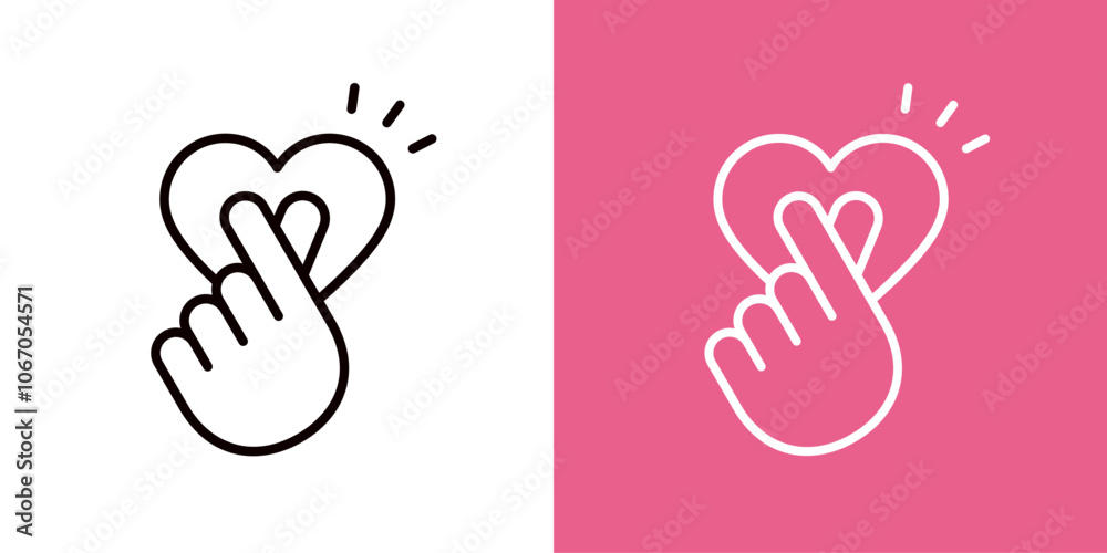 線画の小さなハートと、指ハートのアイコンセット＿太い線＿推し