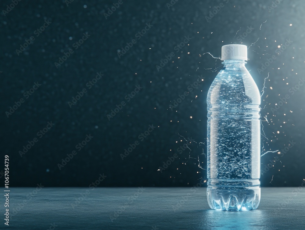 Sports drinks hydration electrolyte balance glowing electric-blue bottle set against a dark background faint lightning-like streaks around it giving off an energy-charged look, Photorealistic Sports drinks hydration electrolyte balance glowing electric-blue bottle set against a dark background faint lightning-like streaks around it giving off an energy-charged look, Photorealistic
