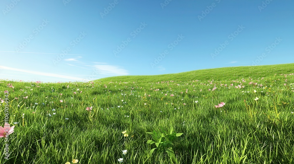 Landscape filled with colorful wildflowers and lush green grass Landscape filled with colorful wildflowers and lush green grass