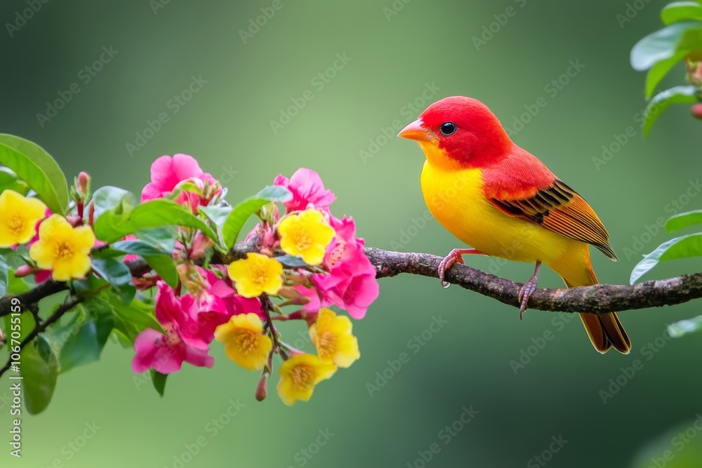 Vibrant Red and Yellow Bird Perched on the Branch in Nature Vibrant Red and Yellow Bird Perched on the Branch in Nature