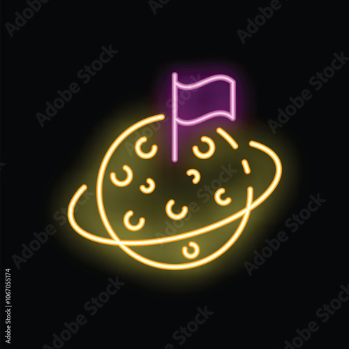 Neon sign depicting the colonization of a planet with a flag planted on the surface, set against a black background
