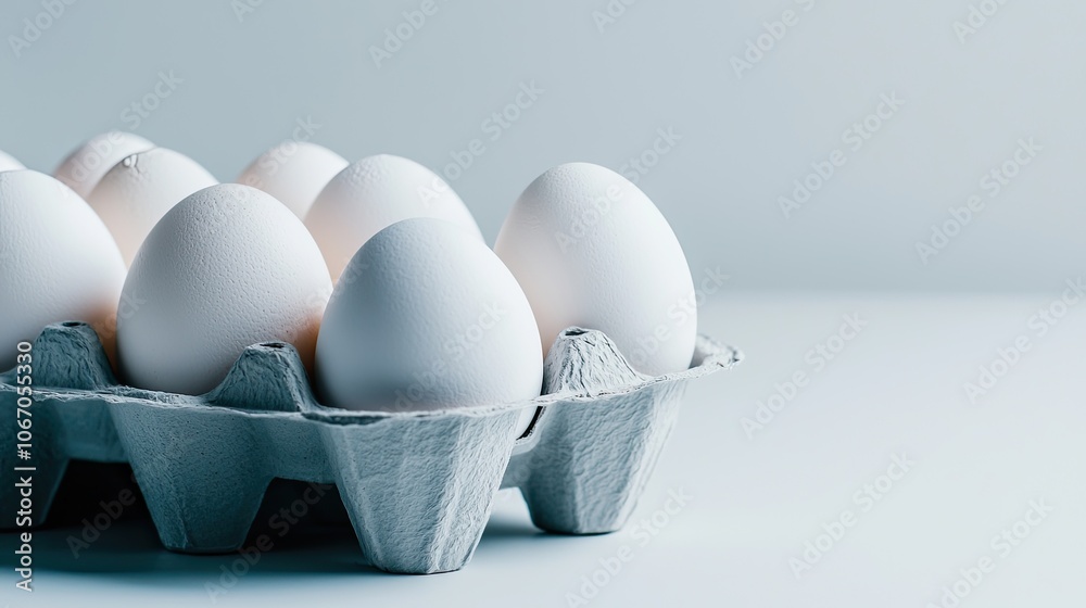 Fresh white eggs in a cardboard tray on a light background Fresh white eggs in a cardboard tray on a light background