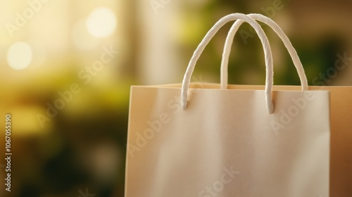 Shopping bag with handles in a warm, blurred background setting, AI photo