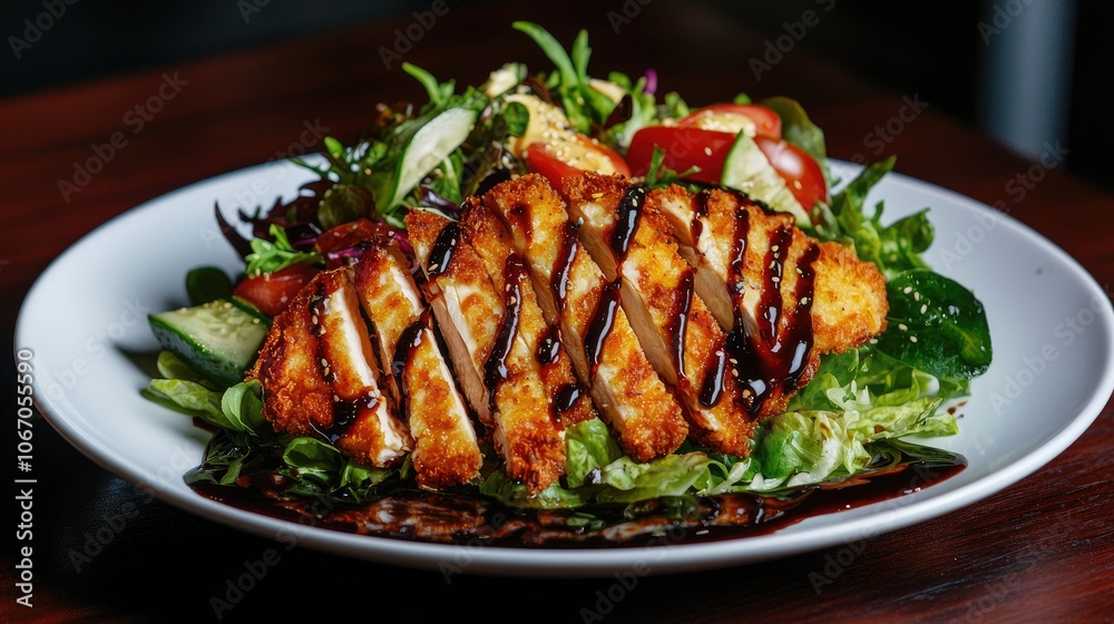 Grilled chicken on a fresh garden salad with vibrant vegetables and dressing. Grilled chicken on a fresh garden salad with vibrant vegetables and dressing.