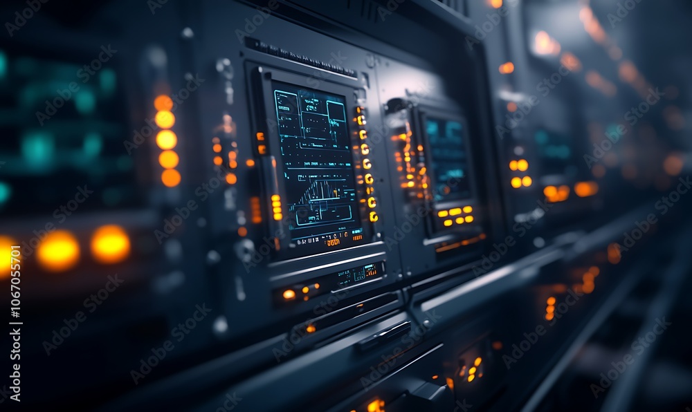 Fototapeta premium A close-up view of futuristic computing hardware, featuring glowing panels and intricate circuitry in a sleek, dark environment.