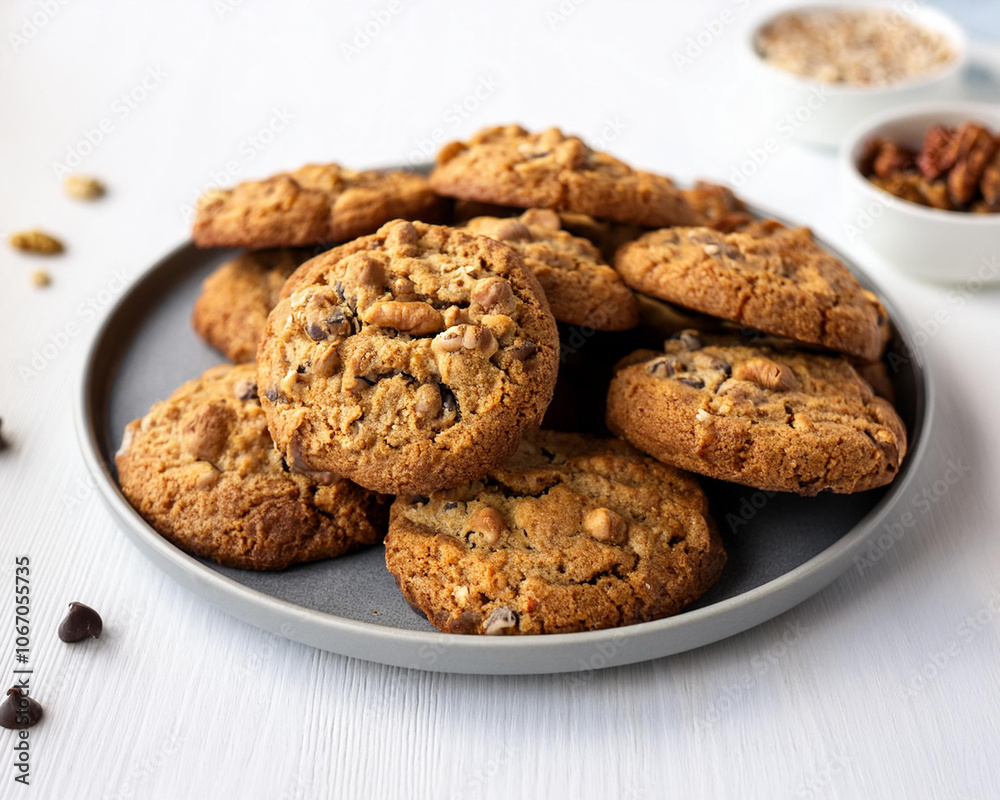 Freshly baked vegan oatmeal cookies with nuts and raisins, arranged in a pile against a white background, ai. Freshly baked vegan oatmeal cookies with nuts and raisins, arranged in a pile against a white background, ai.