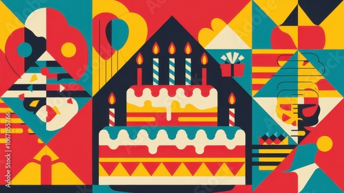 A geometric birthday pattern with triangles, circles, and squares arranged to form birthday cake and gift shapes